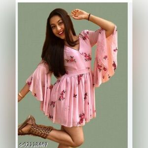 Pink Color Faux Embdroidery Floral Dress Medium